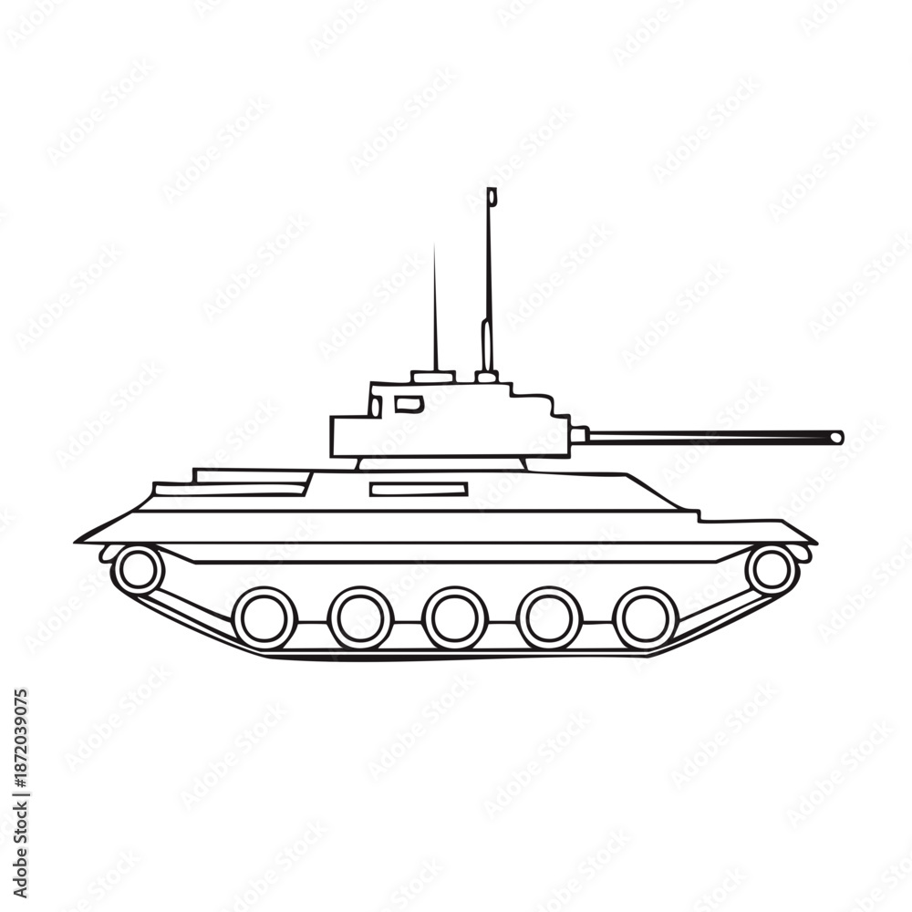 Naklejka premium Outlined Tank Vehicle Illustration Depicting Heavy Armored Combat Weapon for Army or Military Purposes