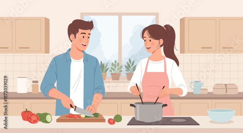 A young couple cheerfully prepares food together in a cozy kitchen setting illustration