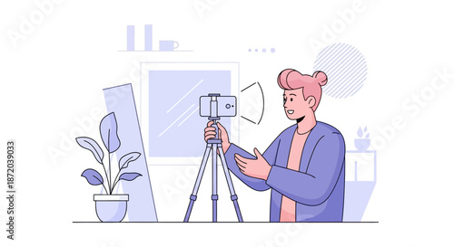 A young content creator recording a video for social media in a minimalist illustration style setup