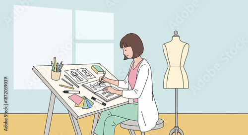 A young fashion designer creating sketches in her studio with mannequin in the background