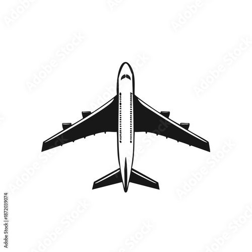 Airplane silhouette flying top view. Commercial air transport, jet plane black icon graphic shape.