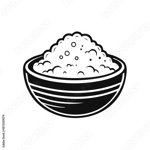 Bowl Filled With Porridge Black and White Illustration, Outline, Rice, Cereal
