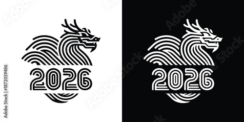 Black and White Chinese Dragon 2026 Monoline Logo Design for Lunar New Year