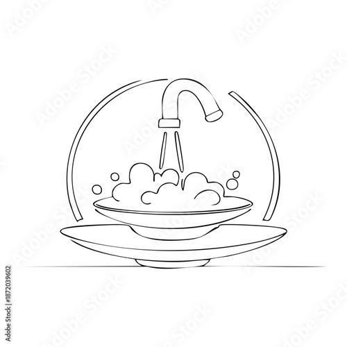 Illustration of kitchen sink with soapy water and faucet, simple outline design