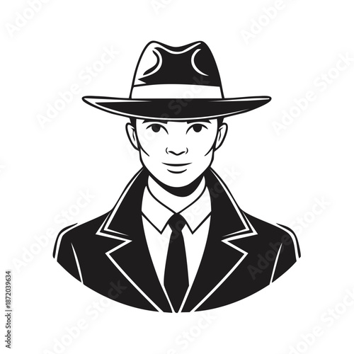 Retro Style Man in Suit and Fedora Hat Illustration Noir Character Portrait Isolated