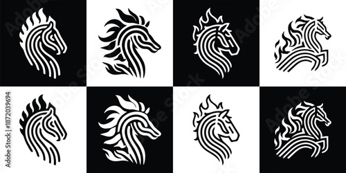 Vector Set of 4 Black and White Fire Horse Logos for Lunar New Year 2026, Minimalist Line Art Design Collection