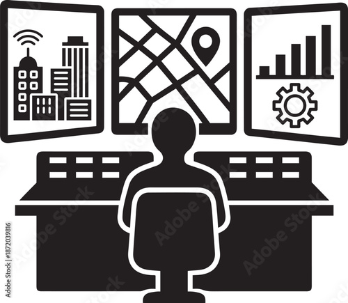 Smart city control center operator monitoring urban infrastructure maps and data analytics dashboard
