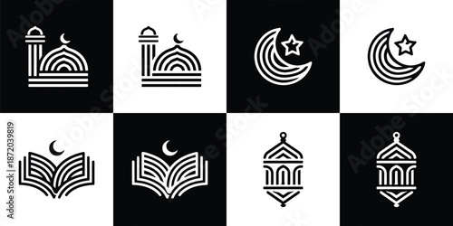 Vector Set of 4 Black and White Islamic Symbols (Mosque, Moon, Quran, Lantern) in Line Art Style