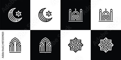 Vector Set of 4 Black and White Islamic Monoline Icons, Mosque, Moon Star, Arch, and Geometric Ornament