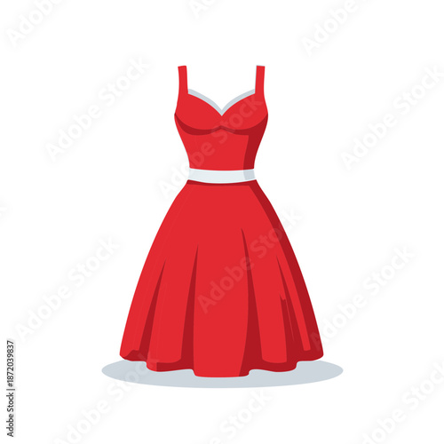 Elegant Red Dress with White Trim, Retro Style Outfit for Parties and Celebrations