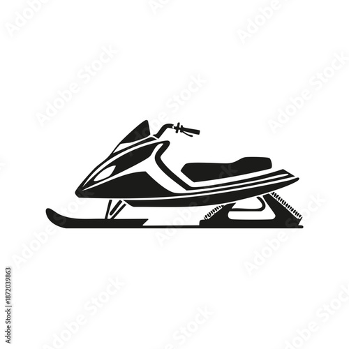 Minimalist Snowmobile Illustration, Black Silhouette Against White, Winter Vehicle, Extreme Sport, Isolated, Transportation Design