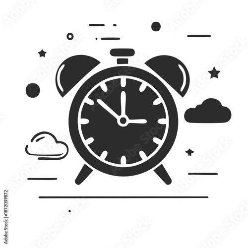 Simple Line Art Illustration of a Classic Alarm Clock Surrounded by Stars and Clouds