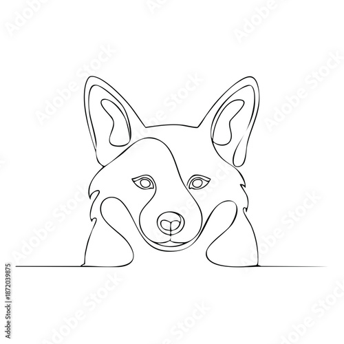 Elegant Line Drawing of a Corgi Head, Simple Contour Illustration of Cute Domestic Animal