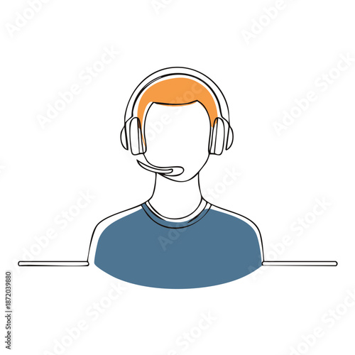 Line art illustration of a man wearing headphones with a microphone, portraying customer service representative or support concept.