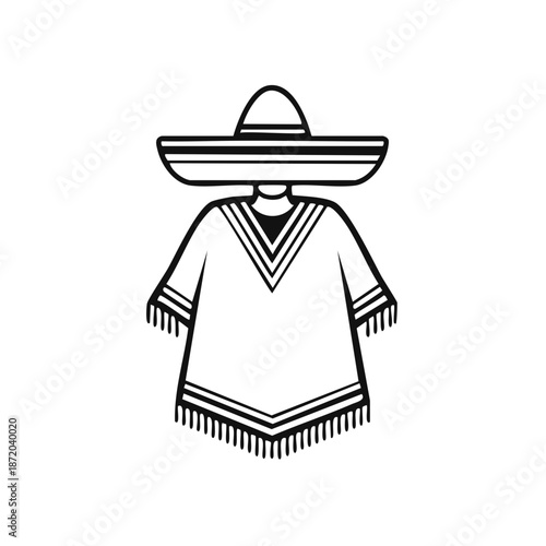 Traditional Mexican Poncho and Sombrero Costume Icon Line Art Illustration