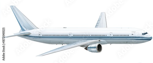 White jet airplane with blue stripe. Side profile on white background