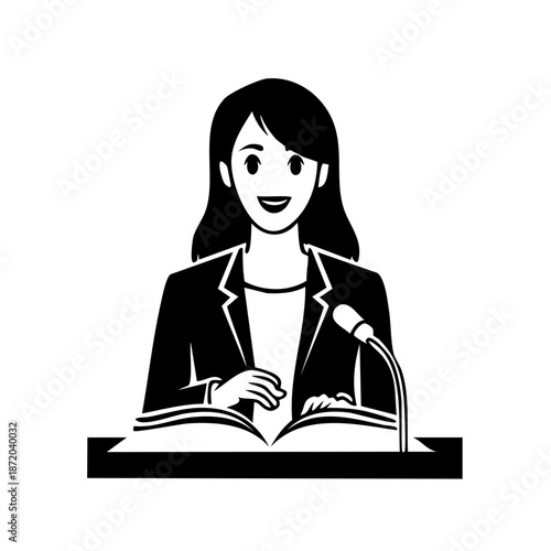 Businesswoman giving a speech in public speaking at the podium with microphone. Open book on the speaker lectern.