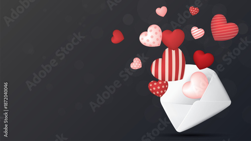 Heart balloons many designs floated out of the envelope on black background have blank space.