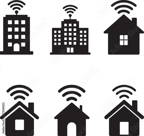 Smart home and building wifi icon set for wireless network and iot technology bundle. Collection of smart house with automation control system.
