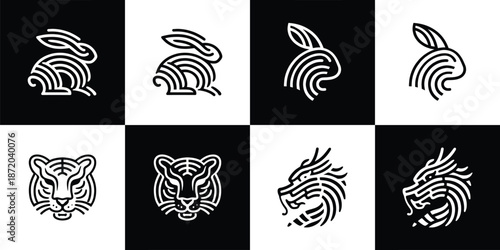 Vector Set of 4 Black and White Minimalist Chinese Zodiac Symbols: Rabbit, Tiger, and Dragon Line Art Logos