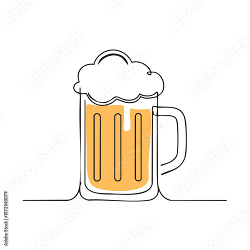 One-line drawing of a beer mug filled with frothy beer. Simplistic style, minimalistic art, easy to implement.