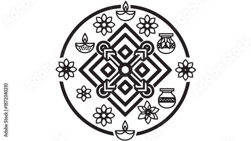 Traditional Diwali celebration design elements arranged in a circular pattern with floral motifs and lighting