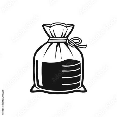 A simple monochrome vector of a tied up sack with a black panel and volume marking on the side and a knot at the top.