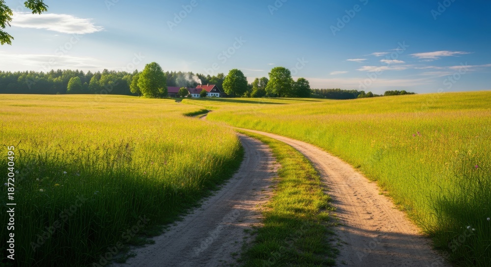Obraz premium Winding dirt path leads through sunlit golden field toward distant rural dwellings