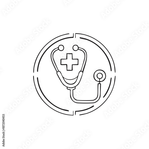 Stethoscope Medical Cross Icon Illustration Black and White Outline Doctor Examination Tool Symbol