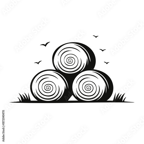 Rolled Hay Bales Stacked in Field with Birds Silhouette Design