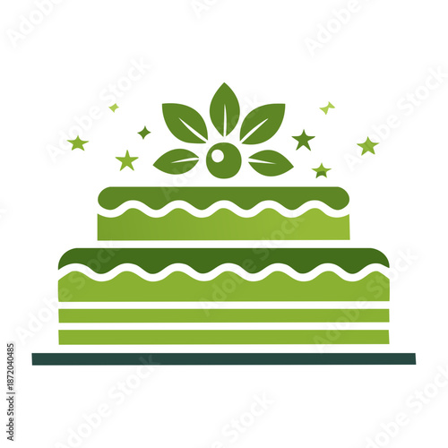 Green festive layer cake with leaf decoration and celebration stars for party design logo or icon