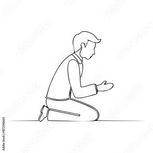 Continuous Line Drawing of Man Kneeling with Open Hands in Prayer or Supplication