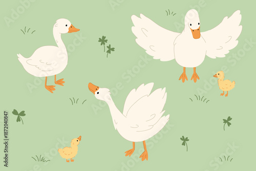 Cute spring Cute spring illustration with a goose family and small goslings on a soft green background. Flat vector design in a gentle children’s style, perfect for nursery decor, kids books