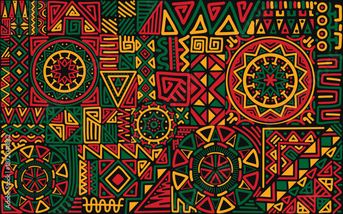Bold seamless African tribal pattern featuring hand drawn geometric symbols, ethnic ornaments, and traditional motifs in red, green, yellow, and black.