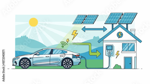 Electric car charging at home with solar panels on roof.
