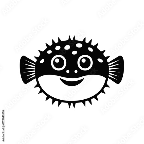 Adorable pufferfish glyph smiles cheerfully with spiky exterior and fins in flat vector illustration artwork