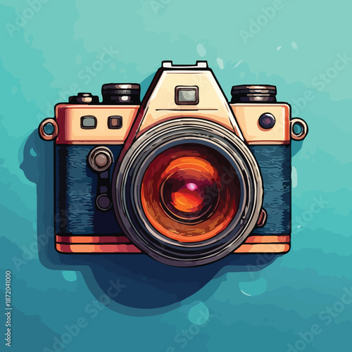 Vintage Camera Illustration with Detailed Lens and Classic Design Elements.