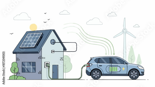 Electric car charging at solar powered house with wind turbine.