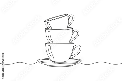 Stack of coffee cups on saucer vector line art minimal white background