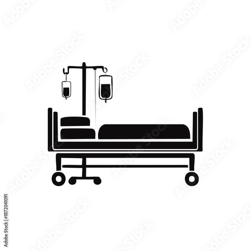 Hospital bed icon illustration with IV drip. Medical equipment and furniture for patient treatment