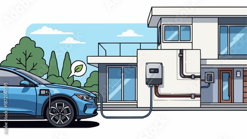 Electric car charging station at modern house exterior illustration.