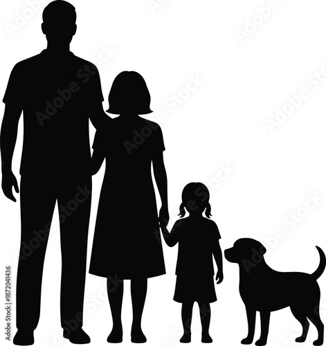 Family silhouette with parents child and dog together showing love unity safety companionship home lifestyle illustration in black white vector
