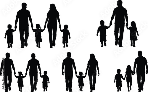 Family silhouettes walking together holding hands showing parents and children bonding with love unity care safety happiness and togetherness lifestyle