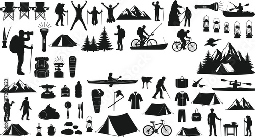 Outdoor camping adventure vector silhouettes set featuring hikers cyclists tents mountains kayaking gear icons for travel exploration survival activities collection