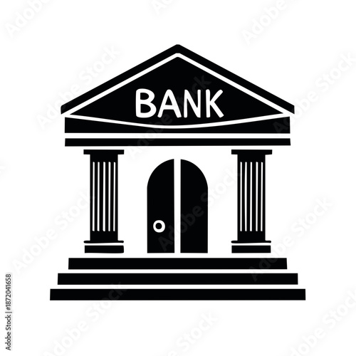 Bank building icon graphic silhouette with neoclassical pillars and entrance