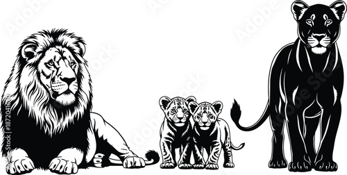 Powerful lion family vector featuring male lion lioness and cubs in black and white wildlife illustration for stock use designPowerful lion family vector featuring 