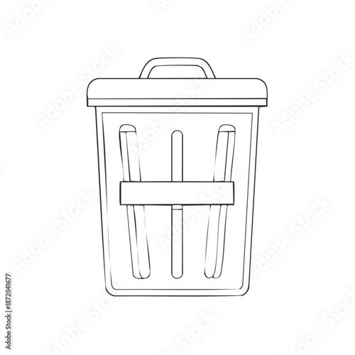 Line Art Depiction of a Trash Can with Lid for Waste Disposal and Recycling in a Simple Outlined Design