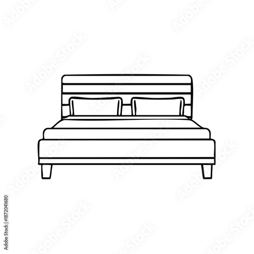 Modern Bedroom Furniture Linear Style Bed with Headboard and Pillows Outline on White Background