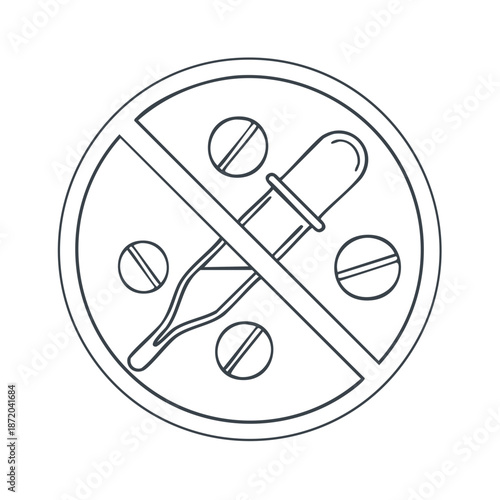 Sign depicting No Medication or Drugs allowed in a circle with diagonal line symbolizing prohibition