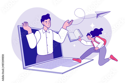 Online education and E-learning concept. Student jumping to virtual teacher emerging from laptop screen. Digital classroom, distance learning, remote study, and edtech technology vector illustration.